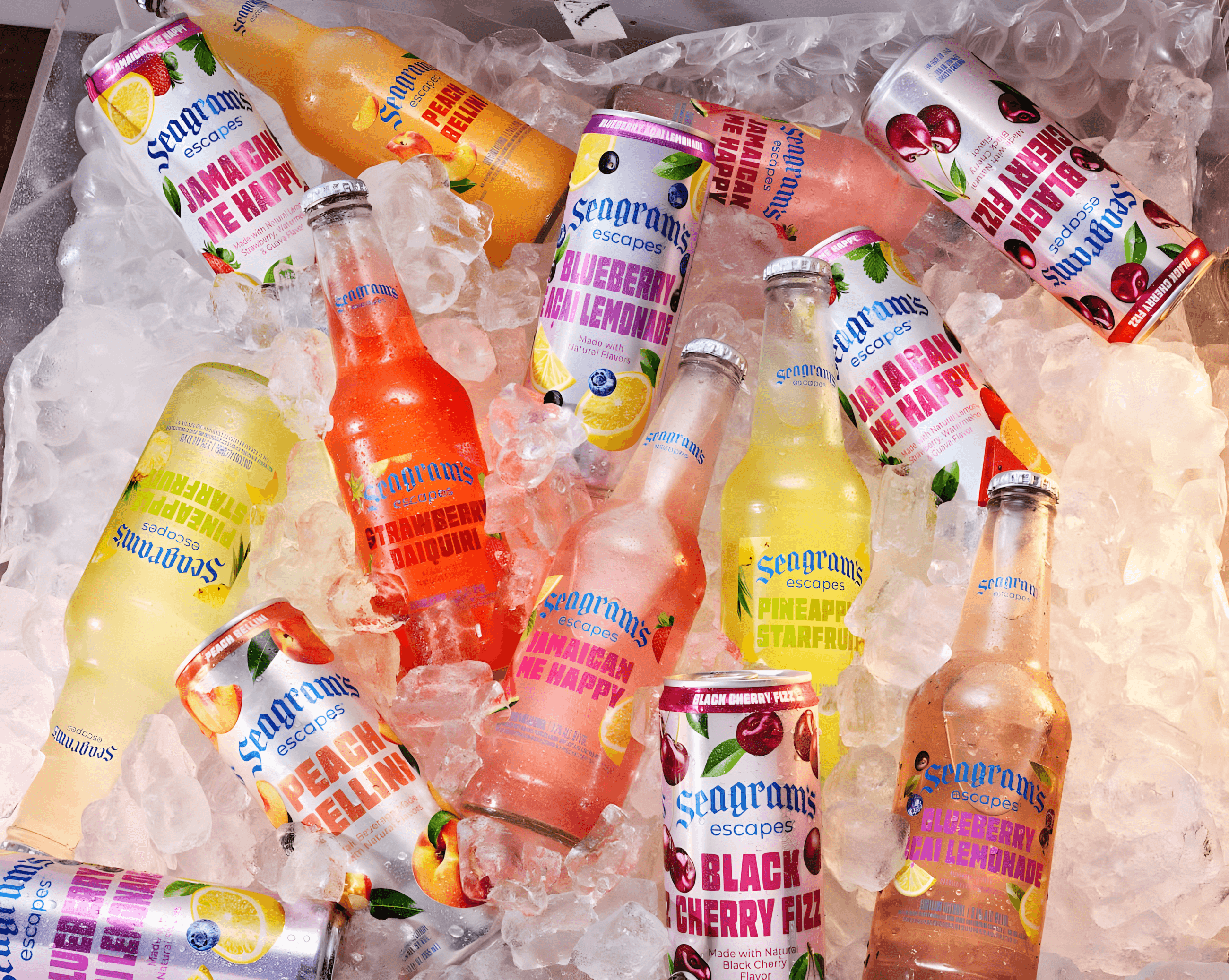 Cans and Bottles of Seagram's Escapes on ice